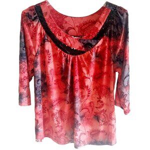 CJ Banks Womens Floral Print Top W/ Sequined Detail 3/4 Sleeve Lightweight Multi